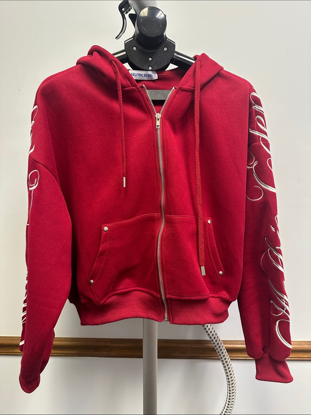 Red Zip Hoodie Bomber Jacket with Script Sleeve